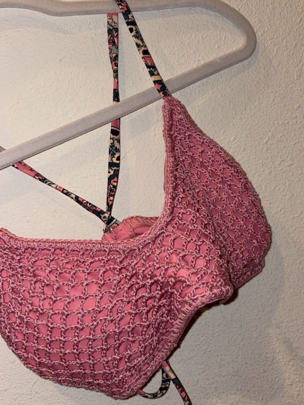 The Bikini Lab Pink Crochet Bikini Top with Patterned Straps with bottom